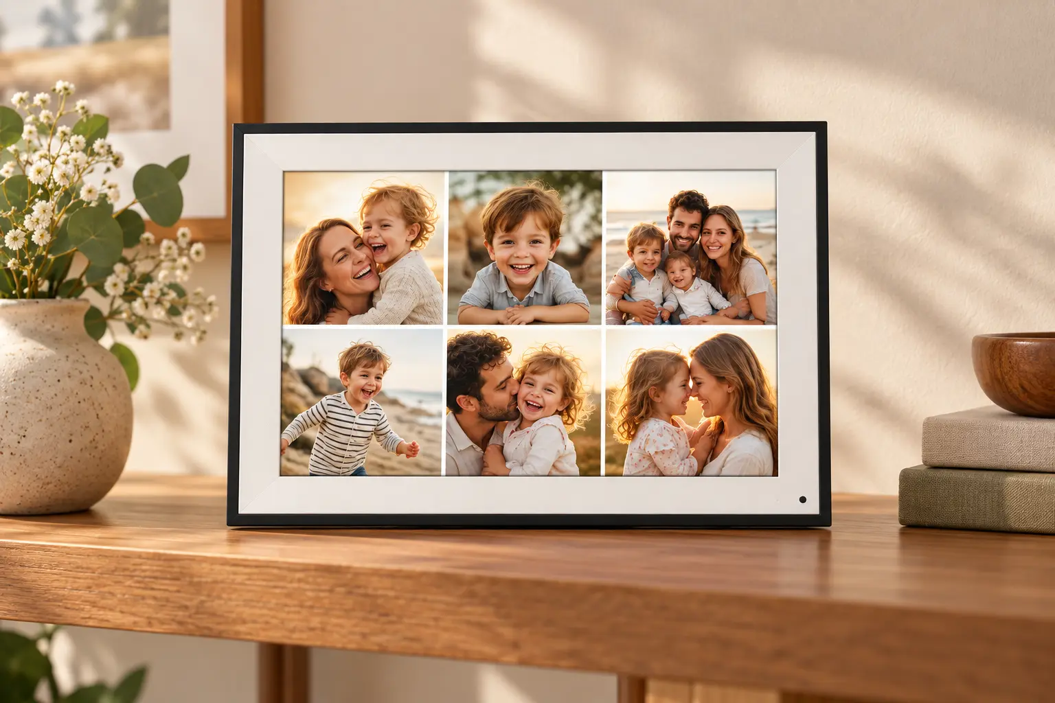 FotoCube Frame displaying a collection of family photos