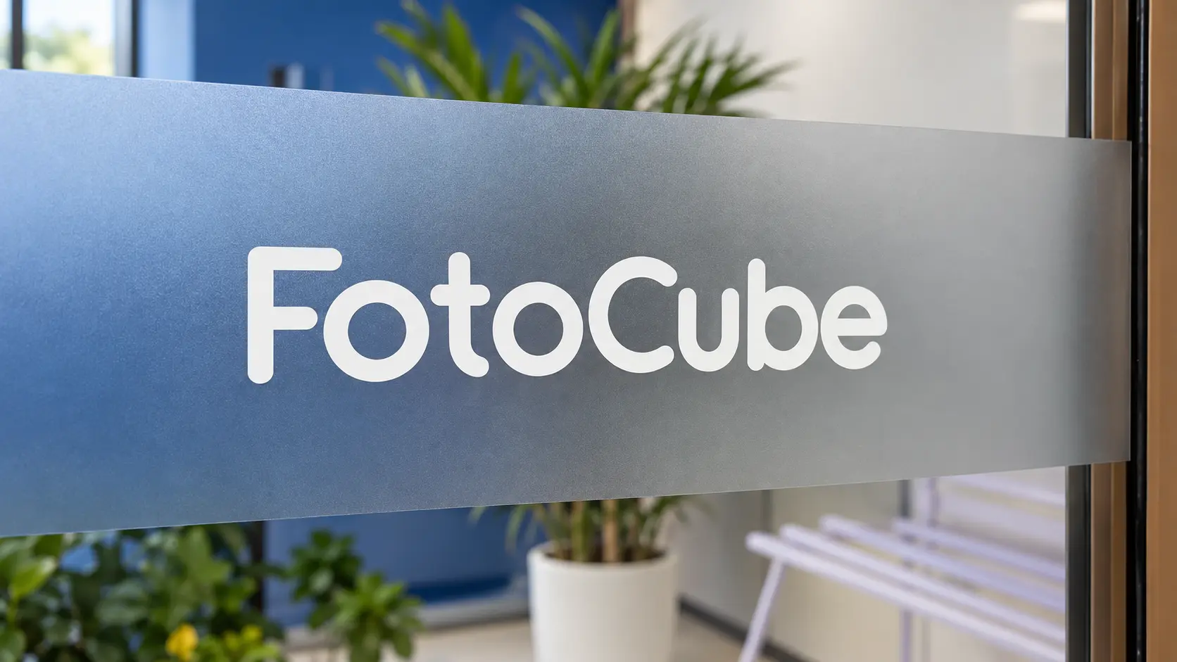 FotoCube wordmark on the glass inside an office