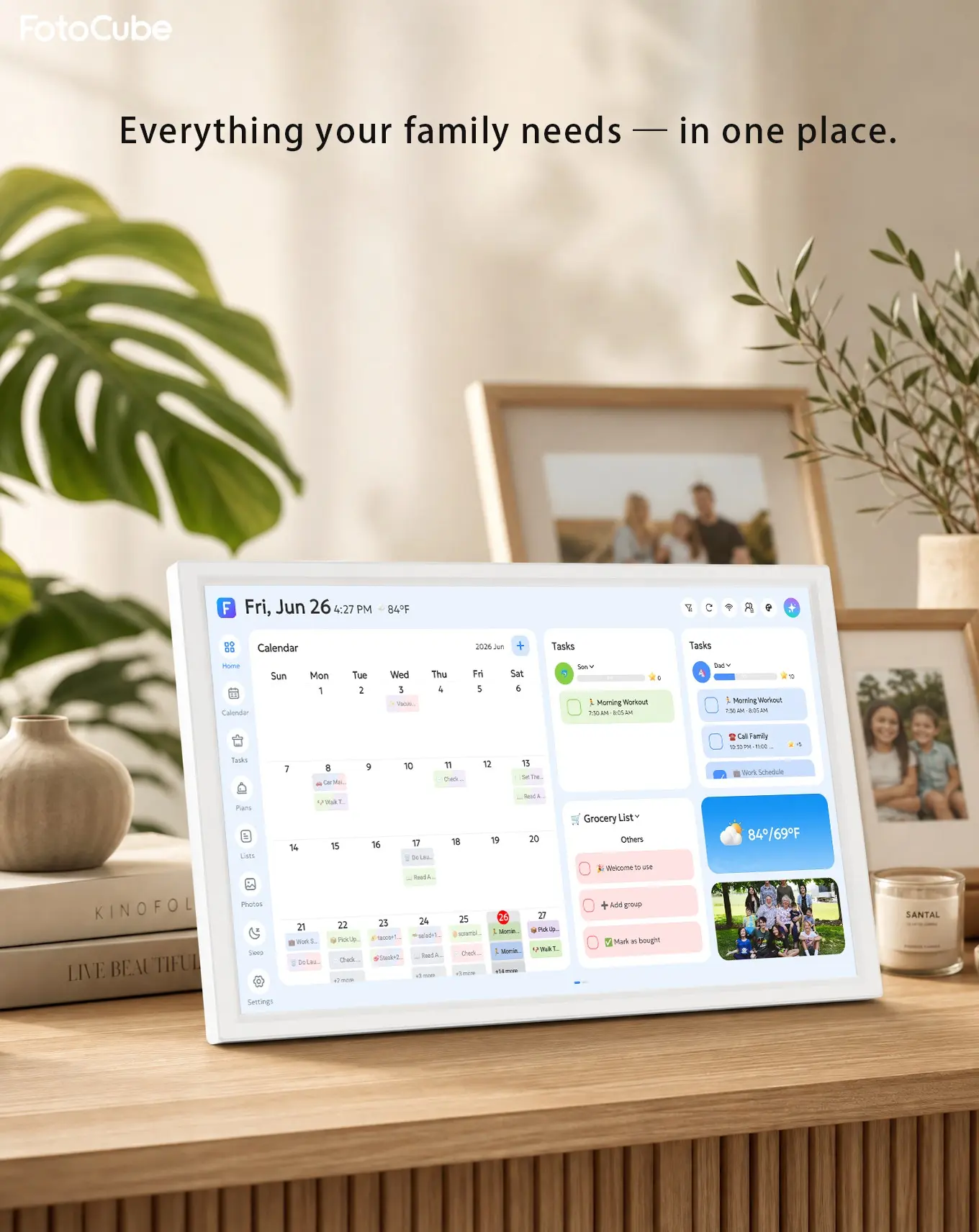 FotoCube Calendar displayed on a console in a family home