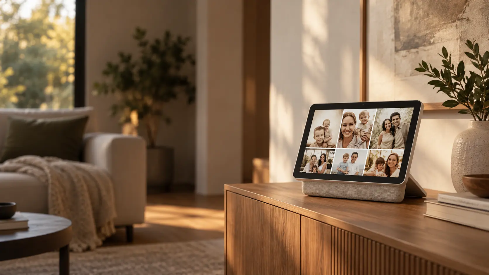 FotoCube Frame displaying family memories on a living room console
