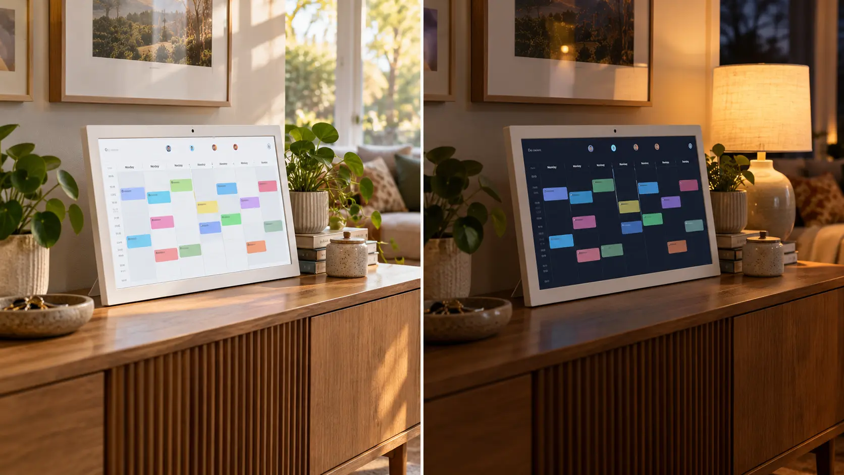 FotoCube Calendar Pro shown in bright day mode beside dark night mode