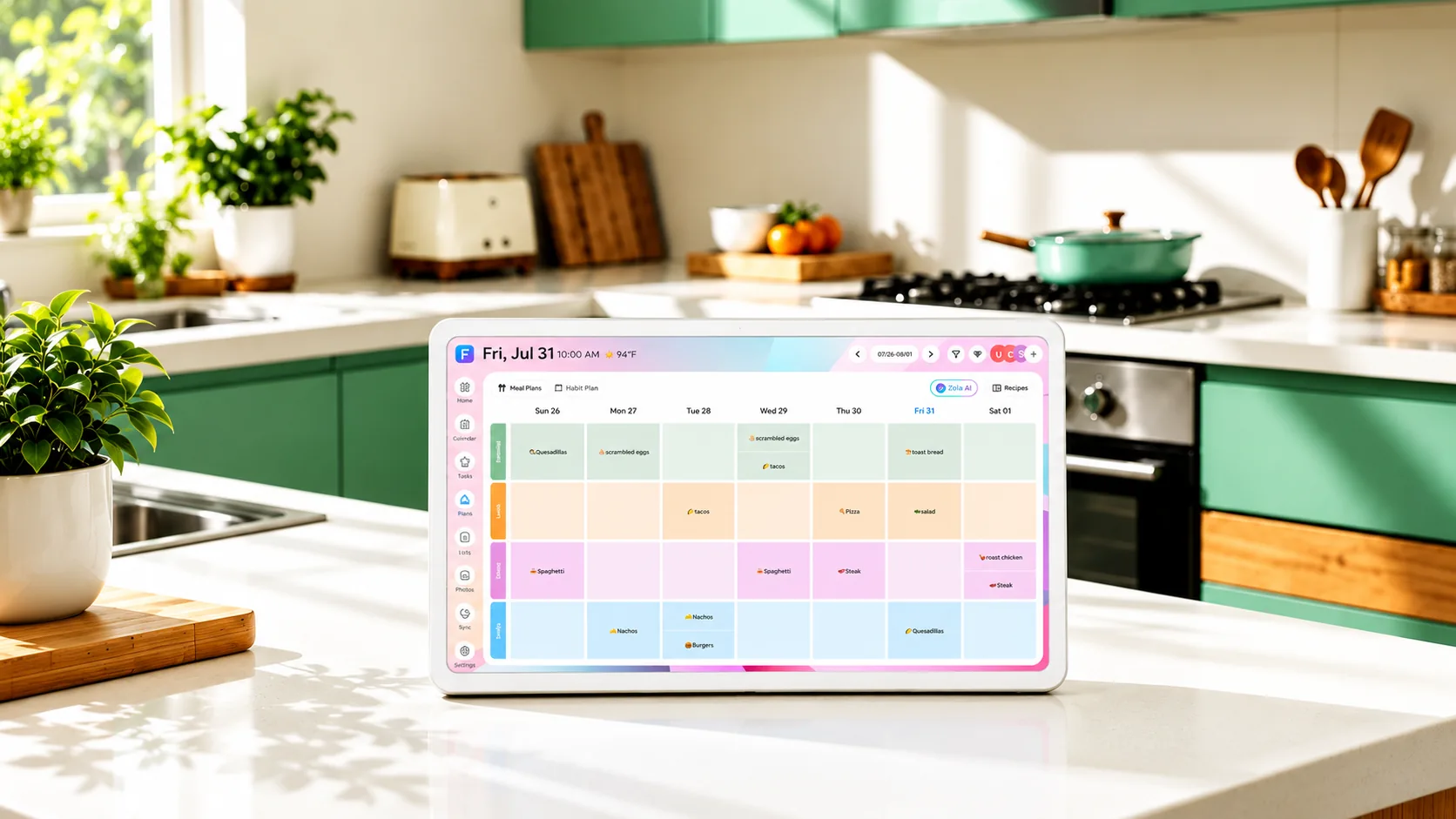 FotoCube showing a weekly meal plan on a kitchen counter